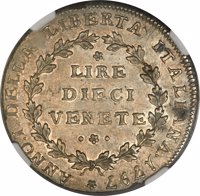 Italian States coin 10 Lire (1797) reverse reverse of 10 Lire (1797) coin with KM# 776 from Italian States. Inscription: ANNO.I.DELLA LIBERTA' ITALIANA. 1797