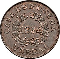 reverse of 1 Real (1854) coin with KM# 10 from Argentine provinces. Inscription: CASA DE MONEDA 1854 UN REAL