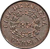 Argentine provinces coin 1 Real (1854) reverse reverse of 1 Real (1854) coin with KM# 10 from Argentine provinces. Inscription: CASA DE MONEDA 1854 UN REAL