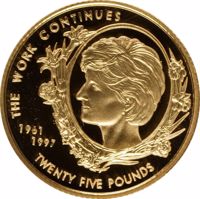 Guernsey coin 25 Pounds - Elizabeth II - Princess Diana (2002) reverse reverse of 25 Pounds - Elizabeth II - Princess Diana (2002) coin with KM# 123 from Guernsey. Inscription: THE WORK CONTINUES 1961 1997 TWENTY FIVE POUNDS
