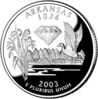 United States coin 1/4 Dollar - Arkansas - Washington Quarter; Silver Proof (2003) reverse reverse of 1/4 Dollar - Arkansas - Washington Quarter; Silver Proof (2003) coin with KM# 347a from United States.