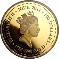 Niue coin 100 Dollars - Elizabeth II - Tasmanian Tiger (2011) obverse obverse of 100 Dollars - Elizabeth II - Tasmanian Tiger (2011) coin with KM# 511 from Niue. Inscription: ELIZABETH II · NIUE 2011 · 100 DOLLARS · 1OZ 9999 GOLD ·