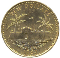 reverse of 10 Dollars - Elizabeth II (1967) coin with KM# 11 from Bahamas. Inscription: TEN DOLLARS 1967