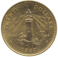 Bahamas coin 20 Dollars - Elizabeth II (1967) reverse reverse of 20 Dollars - Elizabeth II (1967) coin with KM# 12 from Bahamas. Inscription: TWENTY · DOLLARS · 1967 ·