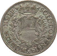 Swiss cantons coin 20 Kreuzer (1760) obverse obverse of 20 Kreuzer (1760) coin with KM# 34 from Swiss cantons. Inscription: MONETA REIP. SOLODORENSIS