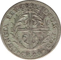Swiss cantons coin 20 Kreuzer (1760) reverse reverse of 20 Kreuzer (1760) coin with KM# 34 from Swiss cantons. Inscription: CUNCTA PER DEUM 1760 CR·20