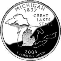 United States coin 1/4 Dollar - Michigan - Washington Quarter; Silver Proof (2004) reverse reverse of 1/4 Dollar - Michigan - Washington Quarter; Silver Proof (2004) coin with KM# 355a from United States. Inscription: MICHIGAN 1837 GREAT LAKES STATE E PLURIBUS UNUM