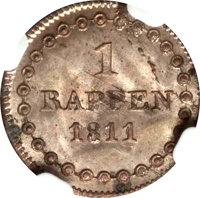 Swiss cantons coin 1 Rappen (1811) reverse reverse of 1 Rappen (1811) coin with KM# 40 from Swiss cantons. Inscription: 1 RAPPEN 1811