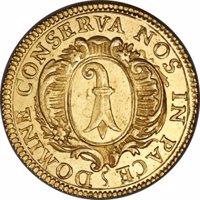 Swiss cantons coin 2 Goldgulden (1790) obverse obverse of 2 Goldgulden (1790) coin with KM# 183 from Swiss cantons. Inscription: DOMINE CONSERVA NOS IN PACE