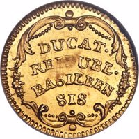 Swiss cantons coin 1 Ducat (1780) reverse reverse of 1 Ducat (1780) coin with KM# 177 from Swiss cantons. Inscription: DUCAT· REIPUBL· BASILEEN SIS