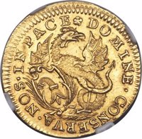 obverse of 1 Ducat (1700) coin with KM# 133 from Swiss cantons. Inscription: DOMINE · CONSERVA · NOS · IN PACE