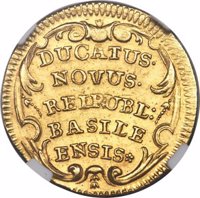 reverse of 1 Ducat (1700) coin with KM# 133 from Swiss cantons. Inscription: DUCATUS· NOVUS· REIPUBL: BASILE ENSIS*