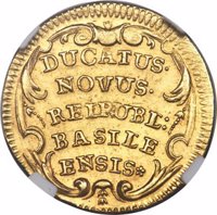 Swiss cantons coin 1 Ducat (1700) reverse reverse of 1 Ducat (1700) coin with KM# 133 from Swiss cantons. Inscription: DUCATUS· NOVUS· REIPUBL: BASILE ENSIS*