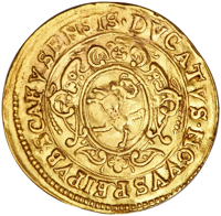 Swiss cantons coin 1 Ducat (1658) obverse obverse of 1 Ducat (1658) coin with KM# 57 from Swiss cantons. Inscription: · DVCATVS · NOVVS REIPVB : SCAFVSENSIS