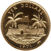 reverse of 10 Dollars - Elizabeth II (1971) coin with KM# 26.1 from Bahamas. Inscription: TEN DOLLARS 1971