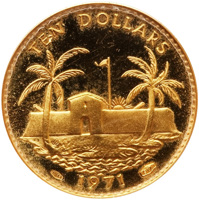 reverse of 10 Dollars - Elizabeth II (1971) coin with KM# 26.2 from Bahamas. Inscription: TEN DOLLARS 1971