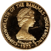 obverse of 10 Dollars - Independence (1973) coin with KM# 41 from Bahamas. Inscription: COMMONWEALTH OF THE BAHAMAS⠐ INDEPENDENCE Elizabeth II ⠐ 1973 ⠐