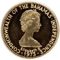 obverse of 20 Dollars - Independence (1973) coin with KM# 44 from Bahamas. Inscription: COMMONWEALTH OF THE BAHAMAS⠐ INDEPENDENCE Elizabeth II ⠐ 1973 ⠐