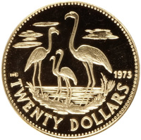 reverse of 20 Dollars - Independence (1973) coin with KM# 44 from Bahamas. Inscription: 1973 TWENTY DOLLARS