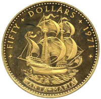 Bahamas coin 50 Dollars - Elizabeth II (1971) reverse reverse of 50 Dollars - Elizabeth II (1971) coin with KM# 29 from Bahamas. Inscription: * FIFTY * DOLLARS * 1971 * SANTA * MARIA