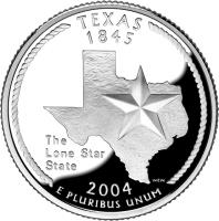 United States coin 1/4 Dollar - Texas - Washington Quarter; Silver Proof (2004) reverse reverse of 1/4 Dollar - Texas - Washington Quarter; Silver Proof (2004) coin with KM# 357a from United States. Inscription: TEXAS 1845 The Lone Star State 2004 NEN E PLURIBUS UNUM