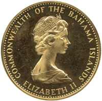 obverse of 100 Dollars - Elizabeth II (1971) coin with KM# 31 from Bahamas. Inscription: COMMONWEALTH OF THE BAHAMA ISLANDS ELIZABETH II