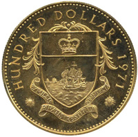 reverse of 100 Dollars - Elizabeth II (1971) coin with KM# 31 from Bahamas. Inscription: HUNDRED DOLLARS 1971 EXPULSIS PIRATIS RESTITUTA COMMERCIA