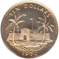 Bahamas coin 10 Dollars - Elizabeth II (1972) reverse reverse of 10 Dollars - Elizabeth II (1972) coin with KM# 34 from Bahamas. Inscription: TEN DOLLARS 1972