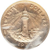 Bahamas coin 20 Dollars - Elizabeth II (1972) reverse reverse of 20 Dollars - Elizabeth II (1972) coin with KM# 35 from Bahamas. Inscription: TWENTY · DOLLARS · 1972 ·