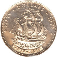 reverse of 50 Dollars - Elizabeth II (1972) coin with KM# 36 from Bahamas. Inscription: * FIFTY * DOLLARS * 1972 * SANTA * MARIA