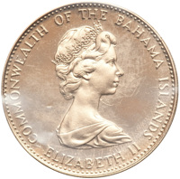 obverse of 100 Dollars - Elizabeth II (1972) coin with KM# 37 from Bahamas. Inscription: COMMONWEALTH OF THE BAHAMA ISLANDS ELIZABETH II