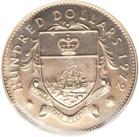 reverse of 100 Dollars - Elizabeth II (1972) coin with KM# 37 from Bahamas. Inscription: HUNDRED DOLLARS 1972 EXPULSIS PIRATIS RESTITUTA COMMERCIA