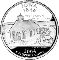 United States coin 1/4 Dollar - Iowa - Washington Quarter; Silver Proof (2004) reverse reverse of 1/4 Dollar - Iowa - Washington Quarter; Silver Proof (2004) coin with KM# 358a from United States. Inscription: IOWA 1846 FOUNDATION IN EDUCATION GRANT WOOD 2004 E PLURIBUS UNUM
