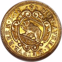 Swiss cantons coin 1 Ducat (1658) obverse obverse of 1 Ducat (1658) coin with KM# 29 from Swiss cantons. Inscription: MON·AVREA·REIPVB·BERN·1658