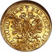 Swiss cantons coin 1 Ducat (1658) reverse reverse of 1 Ducat (1658) coin with KM# 29 from Swiss cantons. Inscription: BERCHT:DVX·ZERING·COND·BERN