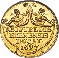 Swiss cantons coin 1 Ducat (1697) reverse reverse of 1 Ducat (1697) coin with KM# 62 from Swiss cantons. Inscription: REIPUBLICÆ BERNENSIS DUCAT· 1697