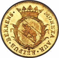 Swiss cantons coin 1 Ducat (1772) obverse obverse of 1 Ducat (1772) coin with KM# 126 from Swiss cantons. Inscription: MONETA · AUR · REIPUB · BERNENS ·