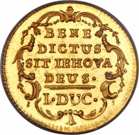 Swiss cantons coin 1 Ducat (1772) reverse reverse of 1 Ducat (1772) coin with KM# 126 from Swiss cantons. Inscription: BENE DICTUS SIT IEHOVA DEUS · I · DUC ·