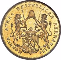 Swiss cantons coin 2 Ducat (1703 - 1719) obverse obverse of 2 Ducat (1703 - 1719) coin with KM# 74 from Swiss cantons. Inscription: MONETA AVREA REIPVBLICAE BERNENSIS ⁕ D B