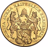 Swiss cantons coin 2 Ducat (1727) obverse obverse of 2 Ducat (1727) coin with KM# 96 from Swiss cantons. Inscription: MONETA AUREA REIPUBLICÆ BERNENSIS.