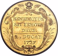 Swiss cantons coin 2 Ducat (1727) reverse reverse of 2 Ducat (1727) coin with KM# 96 from Swiss cantons. Inscription: BENEDICTUS SIT IEHOVA DEUS. 2. DUCAT: 1727