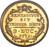 Swiss cantons coin 2 Ducat (1771) reverse reverse of 2 Ducat (1771) coin with KM# 125 from Swiss cantons. Inscription: BENEDICTUS SIT IEHOVA DEUS 2 · DUC · 1771 ·