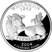 reverse of 1/4 Dollar - Wisconsin - Washington Quarter; Silver Proof (2004) coin with KM# 359a from United States.