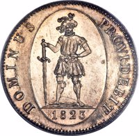 Swiss cantons coin 4 Franken (1823) reverse reverse of 4 Franken (1823) coin with KM# 190 from Swiss cantons. Inscription: DOMINUS PROVIDEBIT 1823