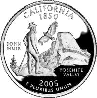 United States coin 1/4 Dollar - California - Washington Quarter; Silver Proof (2005) reverse reverse of 1/4 Dollar - California - Washington Quarter; Silver Proof (2005) coin with KM# 370a from United States. Inscription: CALIFORNIA 1850 JOHN MUIR YOSEMITE VALLEY 2005 E PLURIBUS UNUM