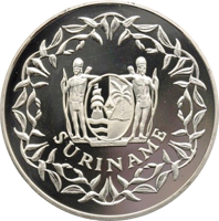 obverse of 50 Guilders - 15th Anniversary of Independence (1990) coin with KM# 34 from Suriname. Inscription: SURINAME