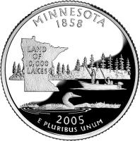 reverse of 1/4 Dollar - Minnesota - Washington Quarter; Silver Proof (2005) coin with KM# 371a from United States. Inscription: MINNESOTA 1858 LAND OF 10,000 LAKES 2005 E PLURIBUS UNUM
