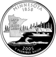 United States coin 1/4 Dollar - Minnesota - Washington Quarter; Silver Proof (2005) reverse reverse of 1/4 Dollar - Minnesota - Washington Quarter; Silver Proof (2005) coin with KM# 371a from United States. Inscription: MINNESOTA 1858 LAND OF 10,000 LAKES 2005 E PLURIBUS UNUM