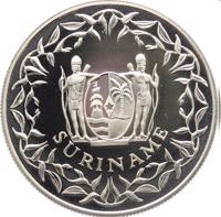 obverse of 50 Guilders - 125th Anniversary De Surinaamsche Bank (1990) coin with KM# 30 from Suriname. Inscription: SURINAME