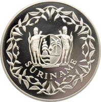 obverse of 50 Guilders - 35th Anniversary of Central Bank of Suriname (1992) coin with KM# 38 from Suriname. Inscription: SURINAME